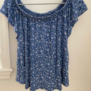 Blue Floral Print Off-The-Shoulder Shirt